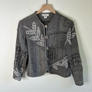 Sandy Starkman Vintage Sweater Women Small Gray Cardigan Patchwork Knit Cotton